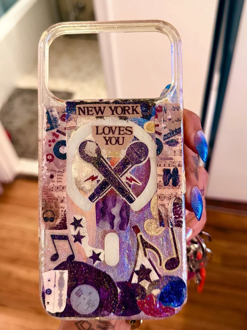 Iridescent Glitter Music & 'New York Loves You' Handmade IPhone 17 pro max case
